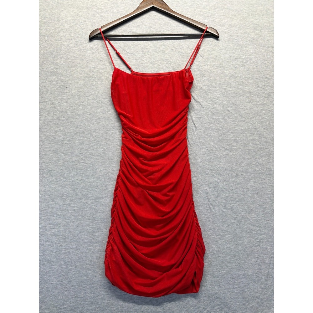 Lucy In The Sky Mini Dress Womens Medium Red Ruched Spaghetti Straps Square Neck
